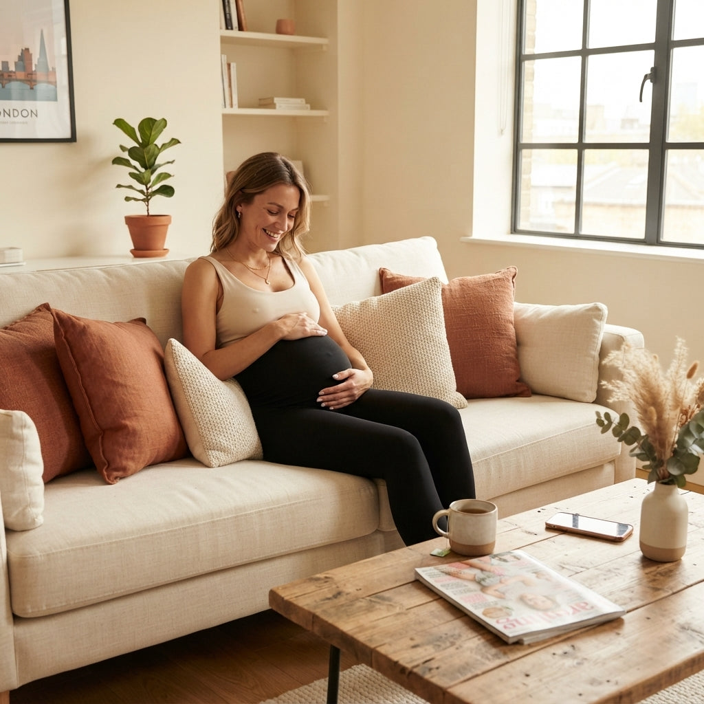 A pregnant woman wearing soft black maternity leggings relaxing in a bright, modern living room with terracotta accents.